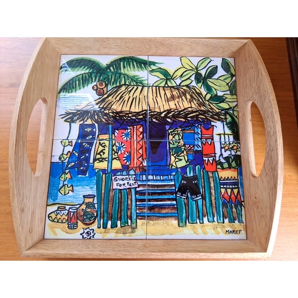 Hand Painted Tile & Wood Serving Tray . Paradise. Maret